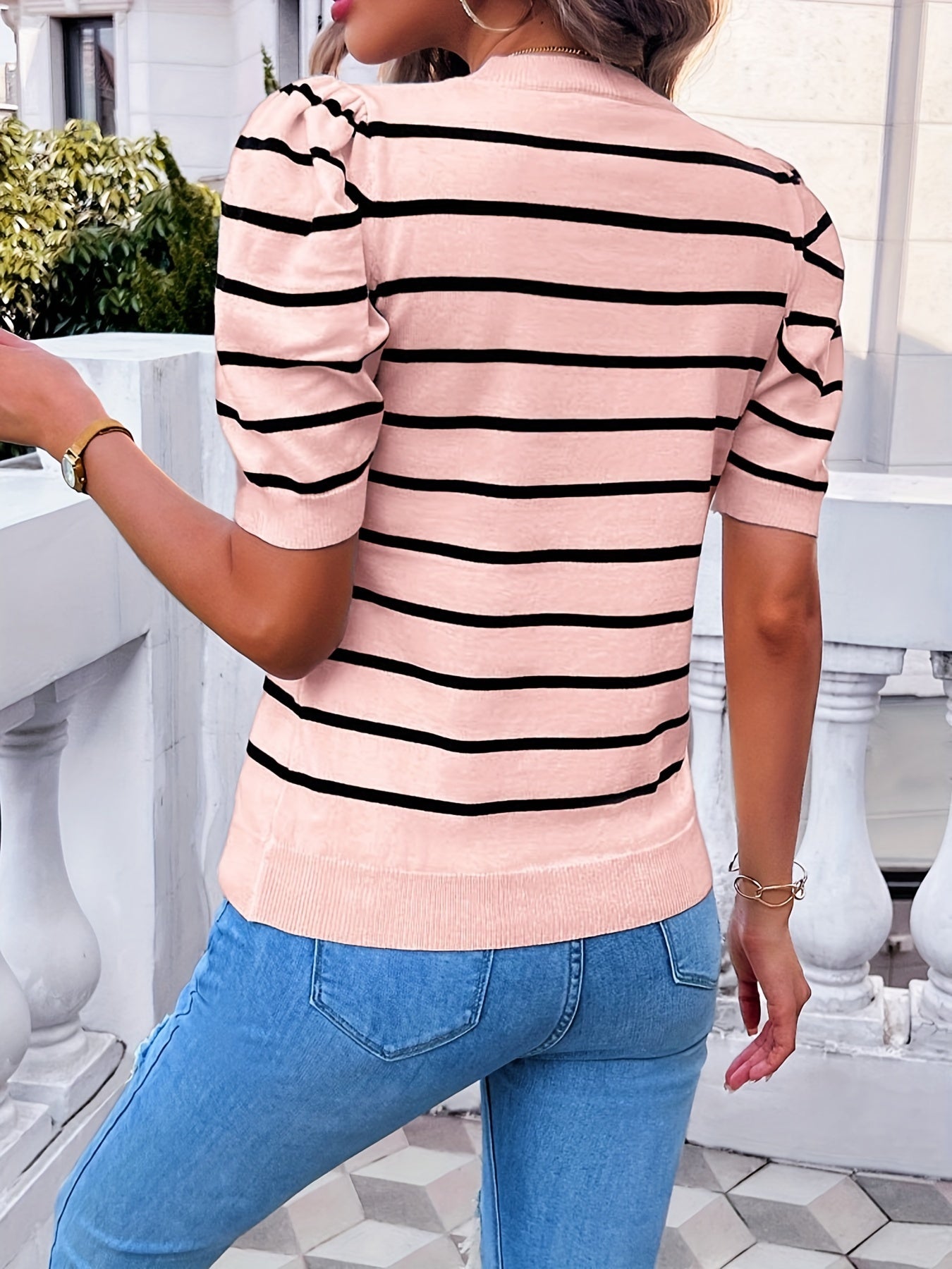 Suella | Elegant gestreept viscose gebreid dames T-shirt - korte mouwen, ronde hals