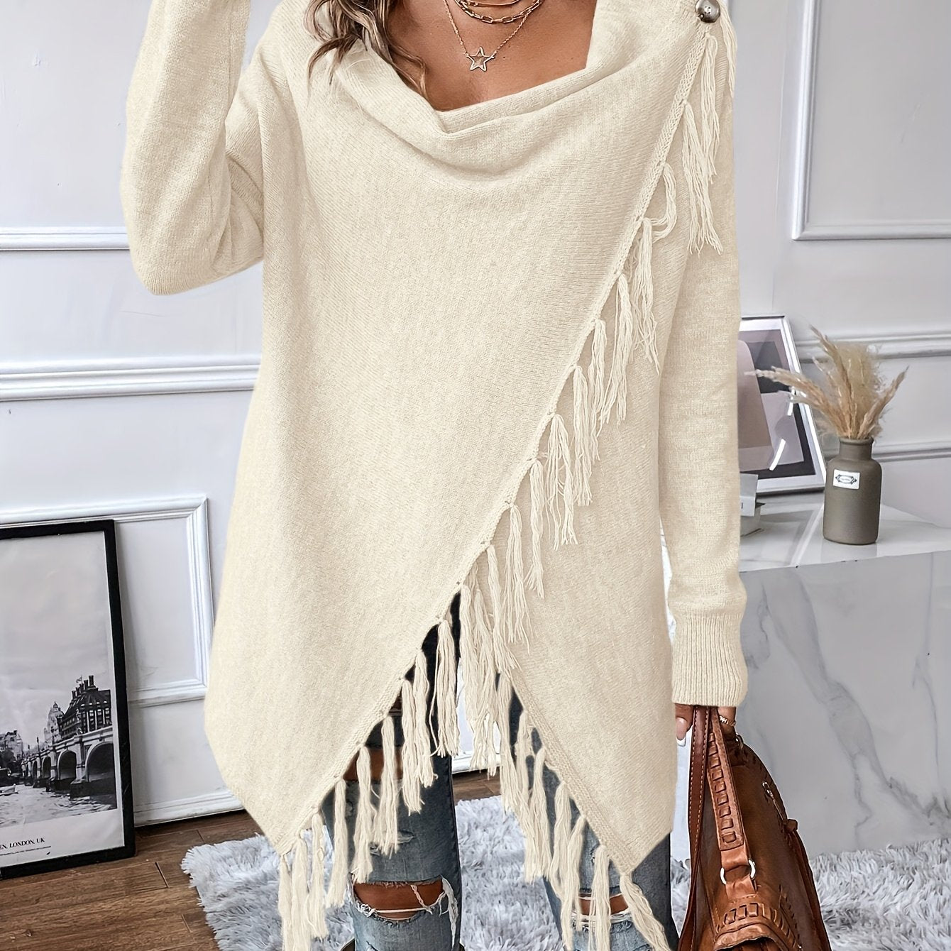 Wenja | Dames sjaal met franjes en kwastjes – Elegante gedrapeerde sjaal voor herfst- en winteroutfits
