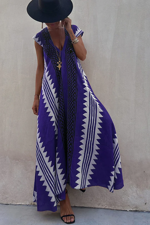 Valindrae | Boho geometrische print maxi-jurk zonder mouwen - Vloeiend, oversized, zomer strand & vrijetijdskleding