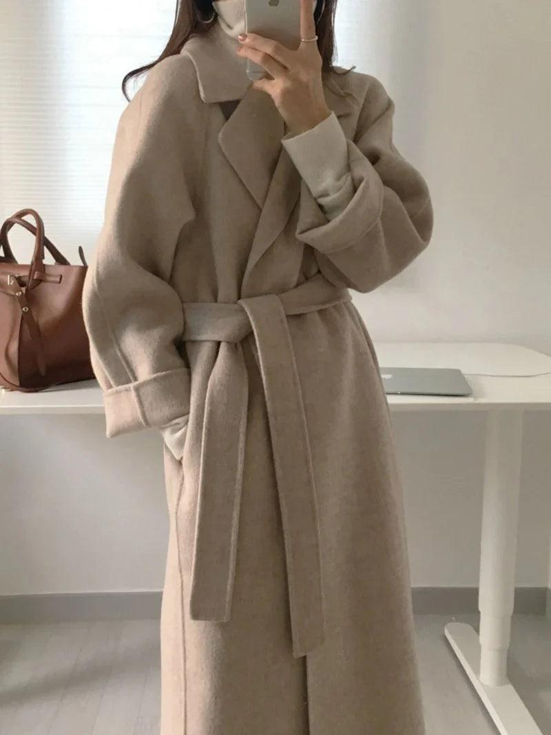 Elwina | Dames lange wollen jas met strikceintuur, winterjas, elegante casual kantoorjas