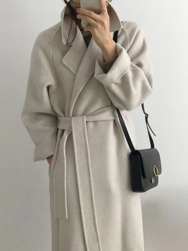 Elwina | Dames lange wollen jas met strikceintuur, winterjas, elegante casual kantoorjas