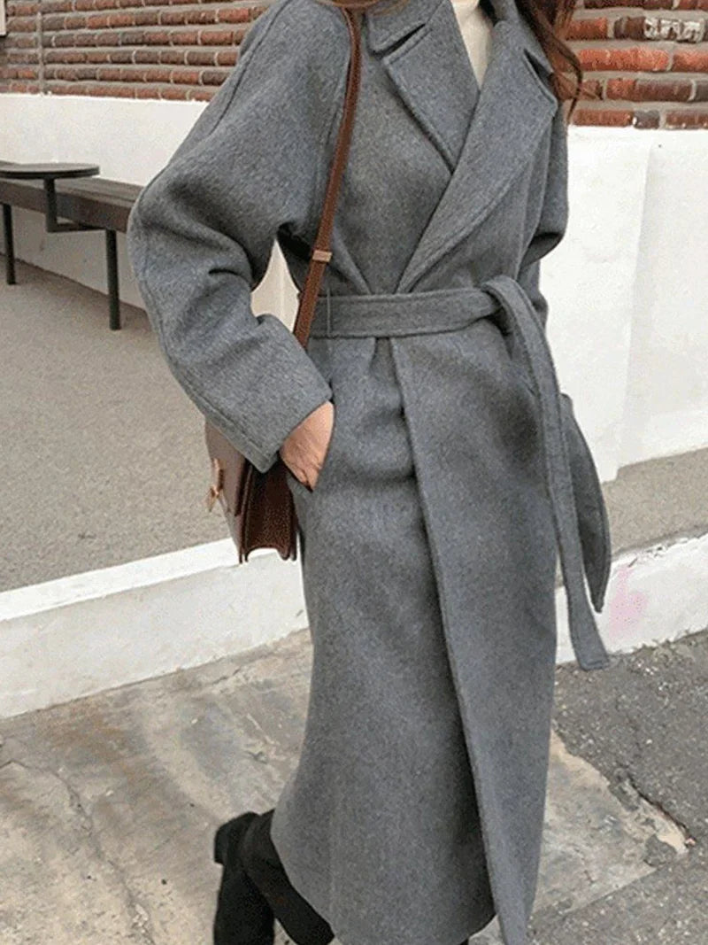 Elwina | Dames lange wollen jas met strikceintuur, winterjas, elegante casual kantoorjas