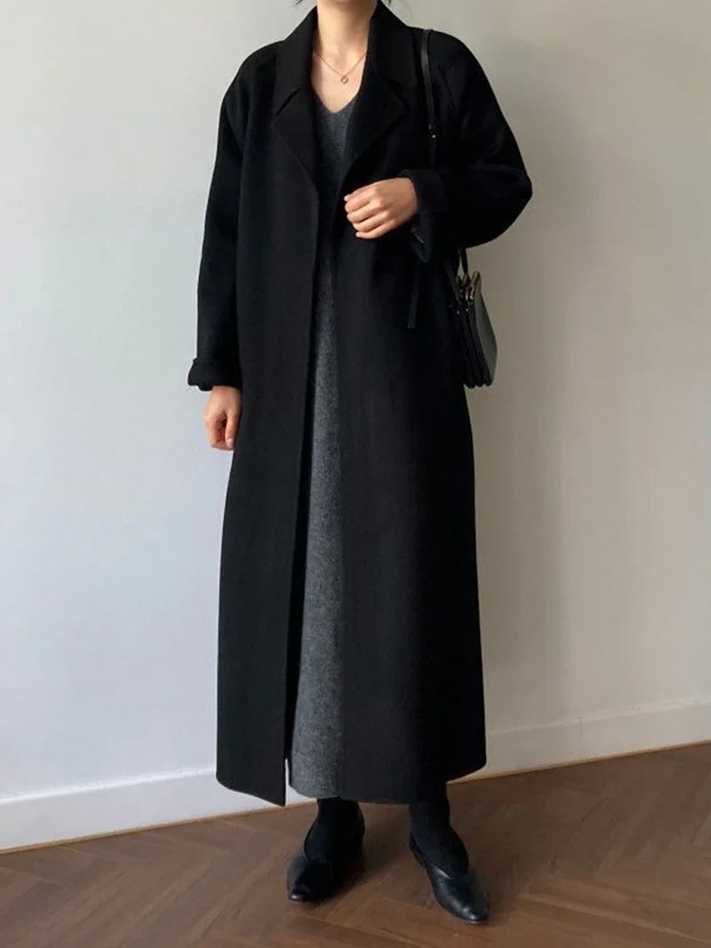 Elwina | Dames lange wollen jas met strikceintuur, winterjas, elegante casual kantoorjas