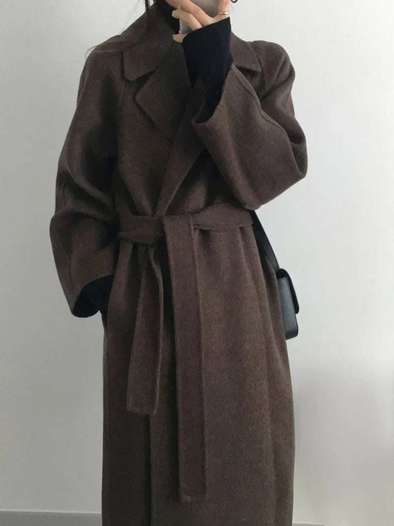 Elwina | Dames lange wollen jas met strikceintuur, winterjas, elegante casual kantoorjas