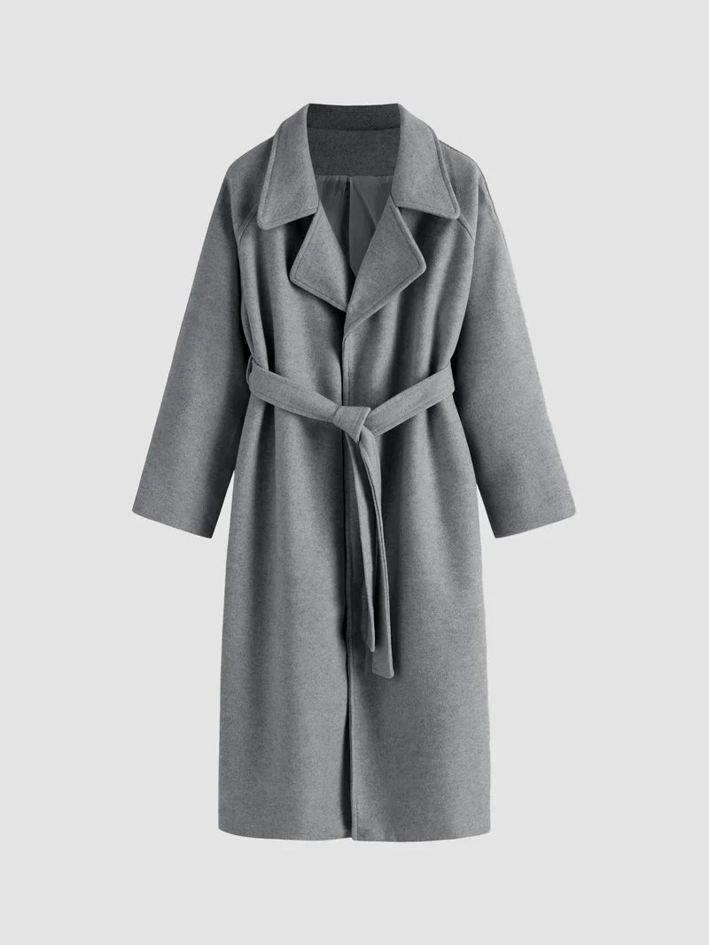 Elwina | Dames lange wollen jas met strikceintuur, winterjas, elegante casual kantoorjas