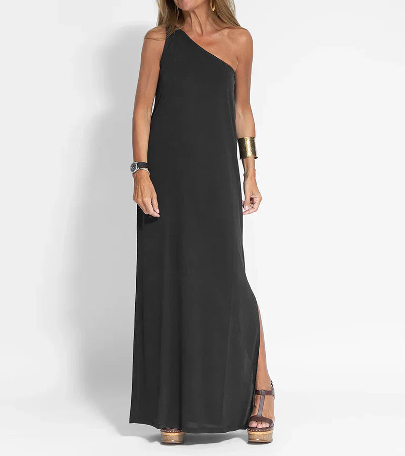 Ulivia | Één-schouder mouwloze maxi-jurk – Elegante avond-, feest- en zomerjurk met split aan de zijkant