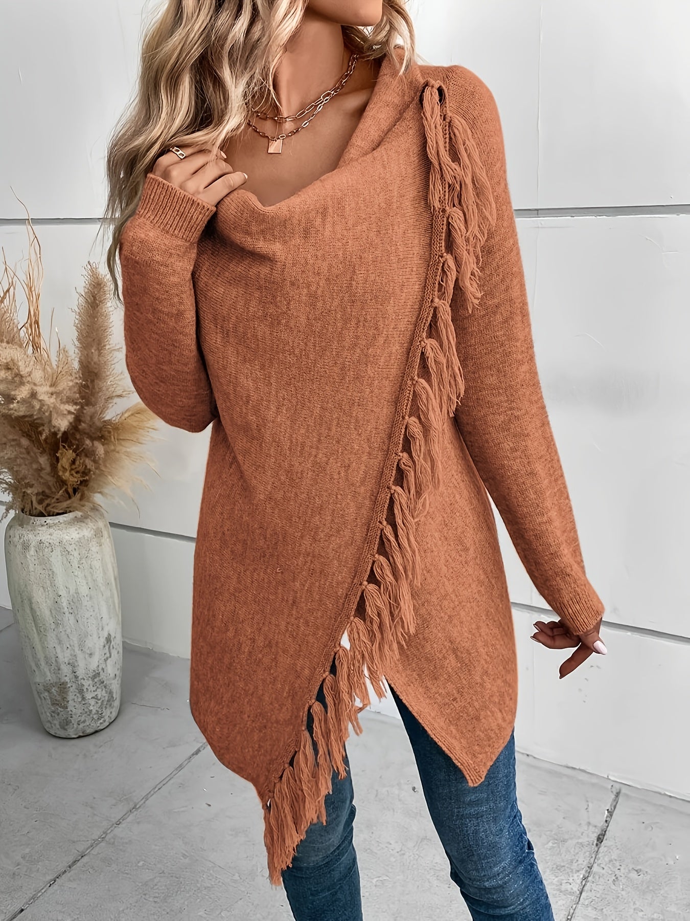 Wenja | Dames sjaal met franjes en kwastjes – Elegante gedrapeerde sjaal voor herfst- en winteroutfits