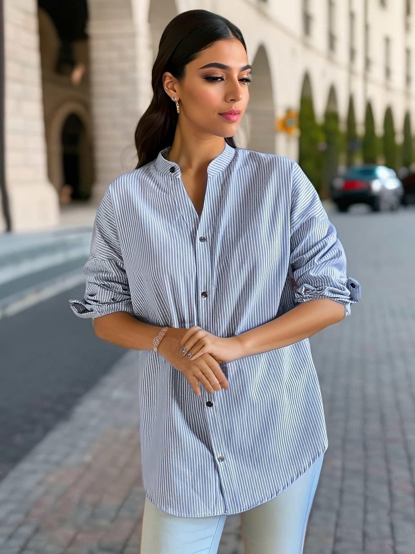 Avielle | Gestreepte damesblouse met V-hals - Lange mouwen, casual overhemd met knoopsluiting