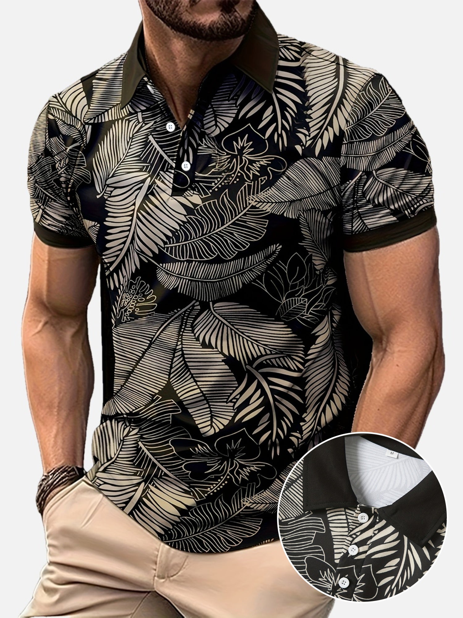 Virgil | Herenpoloshirt met tropische bladerenprint - korte mouwen, regular fit