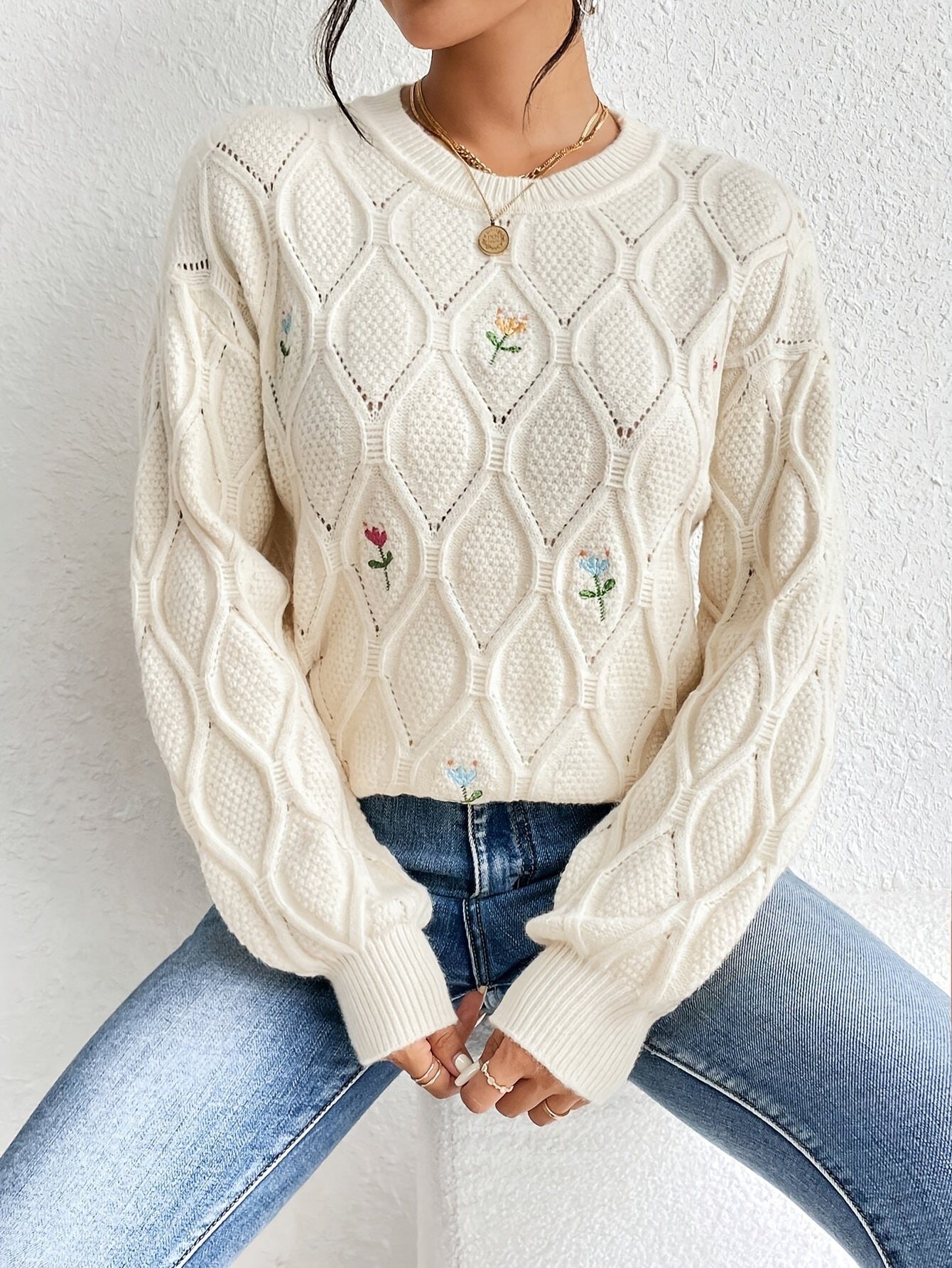 Unyssa | Geborduurde Bloemen Trui voor Dames – Elegante Gebreide Top
