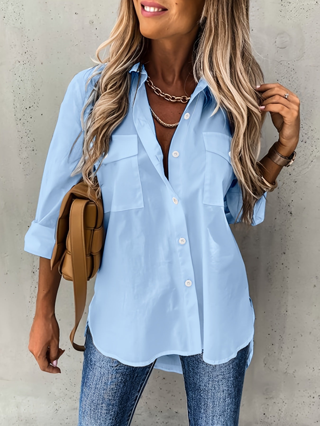 Kariel | Knoopjurk Blouse - Lange Mouwen, Kraag, Effen Werkshirt voor Kantoor & Casual Outfits