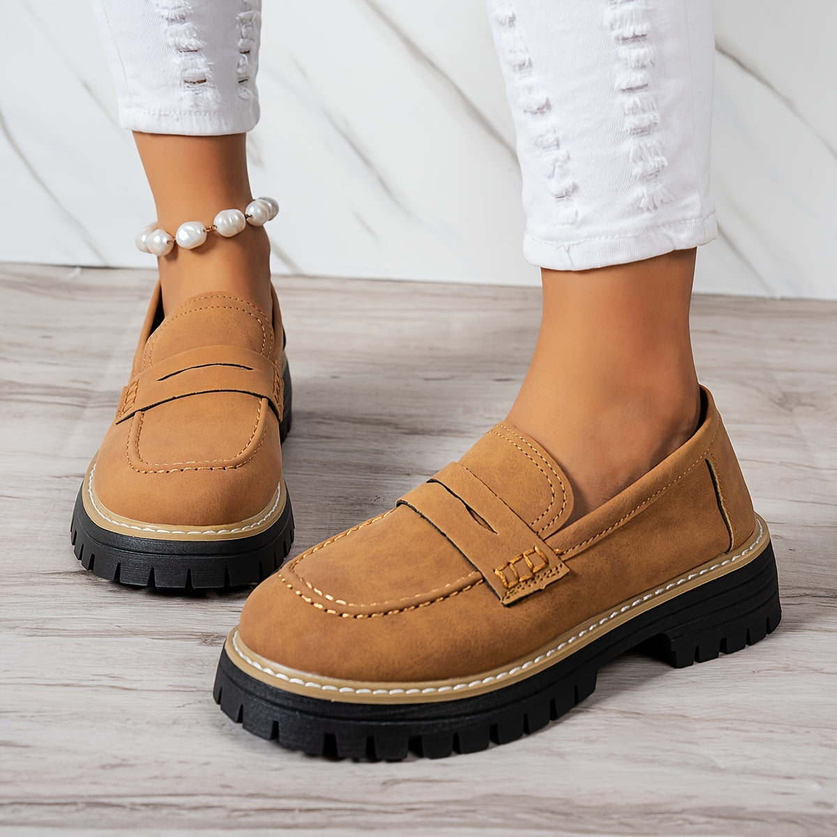 LoaferMax | Dames Retro Chunky Slip-On Loafers - Faux Leather Penny Loafers