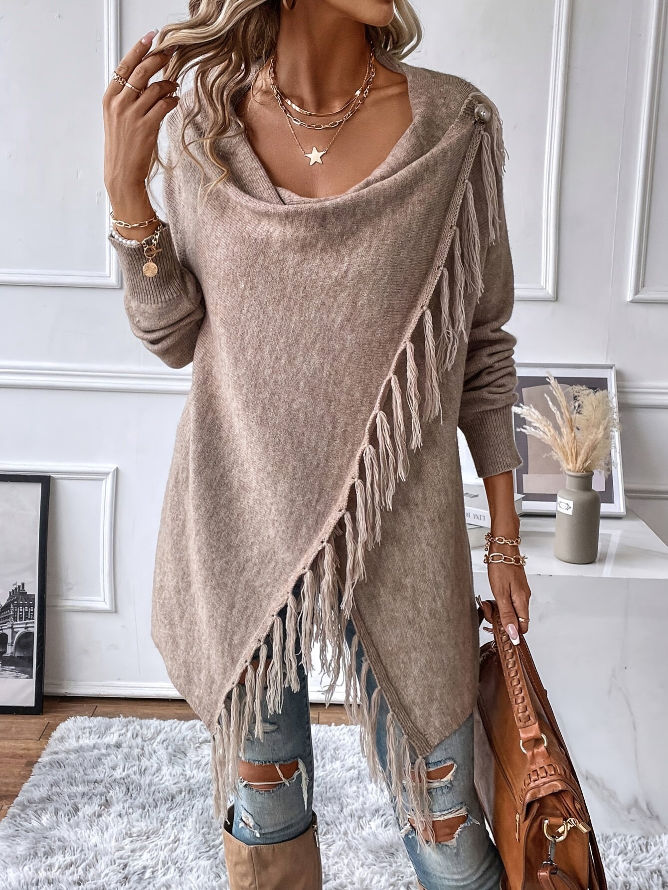 Wenja | Dames sjaal met franjes en kwastjes – Elegante gedrapeerde sjaal voor herfst- en winteroutfits