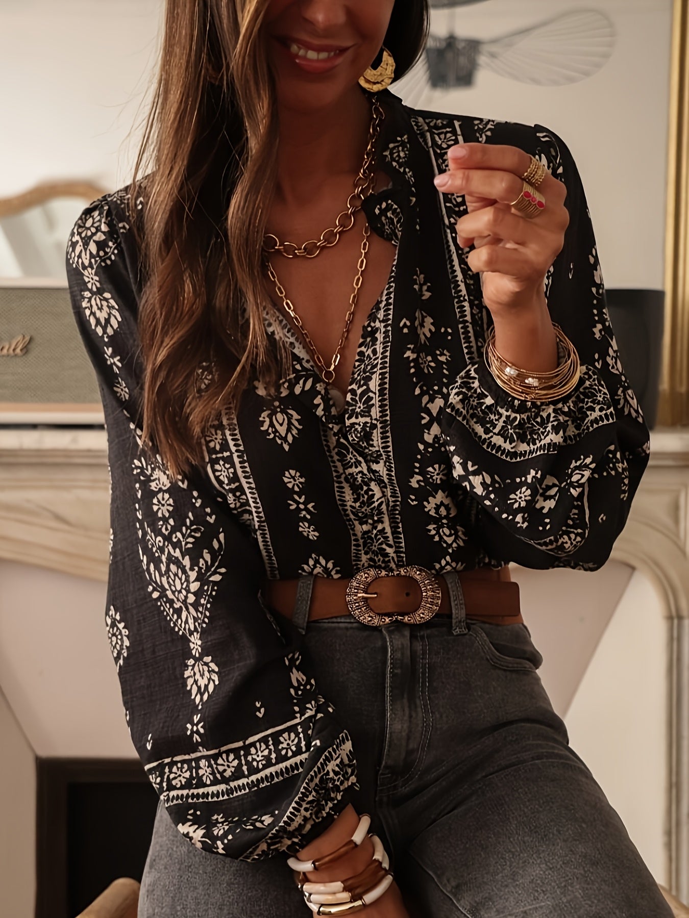 Halcyon | Geometrische bedrukte losvallende blouse met lantaarnmouwen