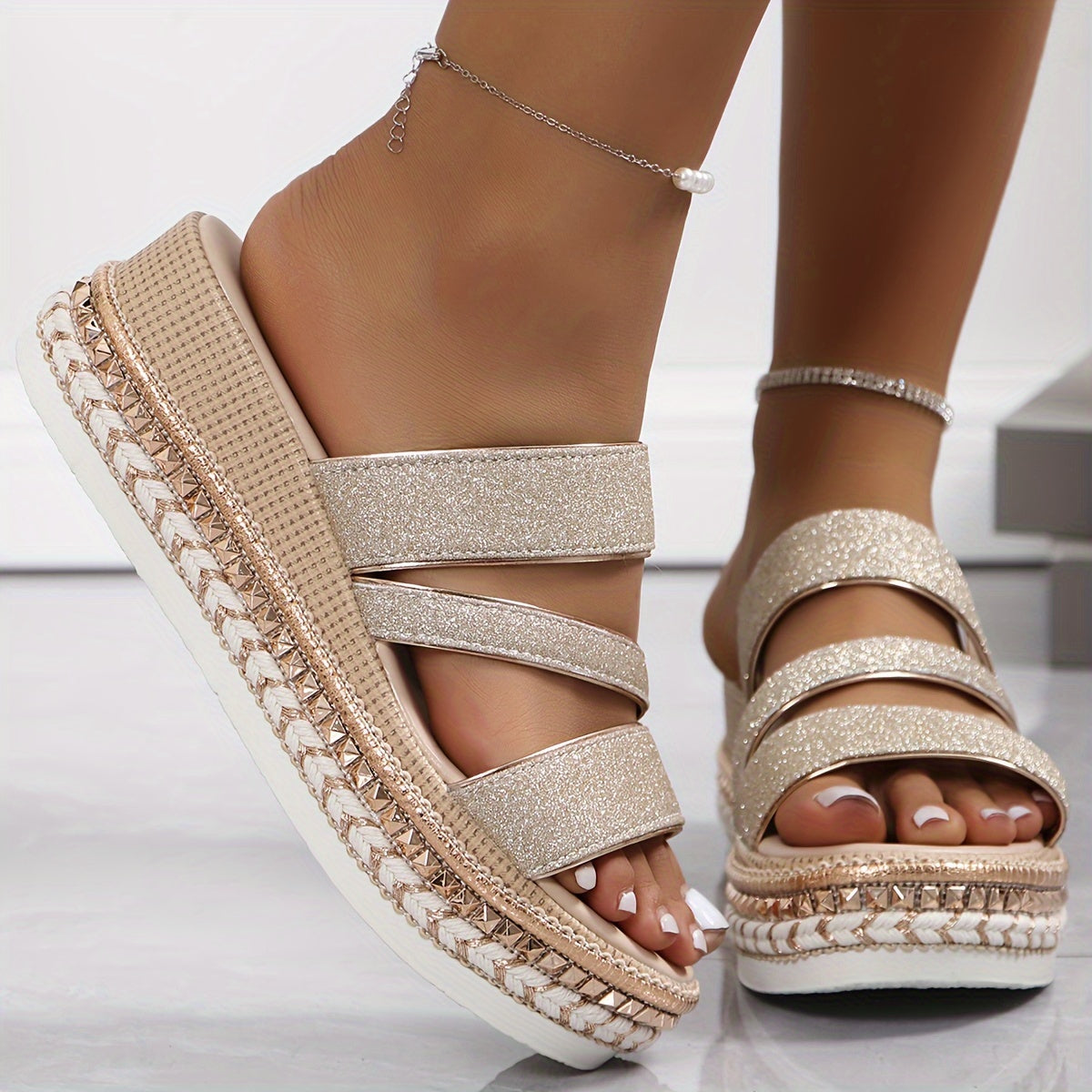 Shinelle | Dames Glitter Platform Slide Sandalen - Elegante Slip-On Wedge Schoenen