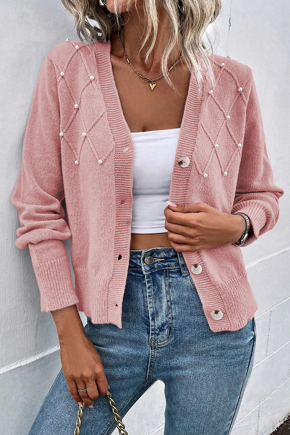 Crescenda | Elegant Cashmere Cardigan met Parel – Dames Herfst/Winter Luxe Vest