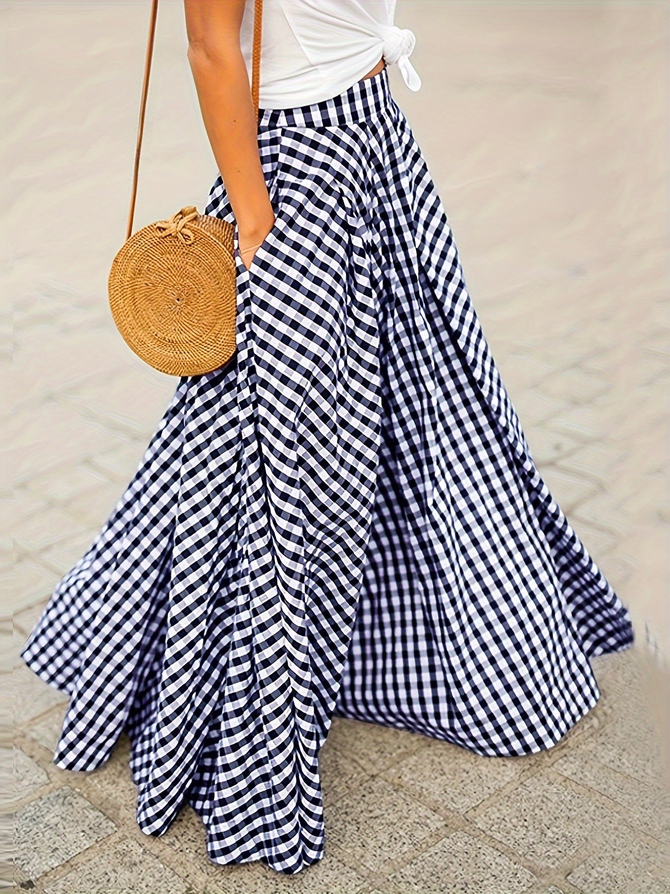 Mirthea | Gingham midirok voor dames - hoge taille, vloeiende A-lijn, elegant en lichtgewicht