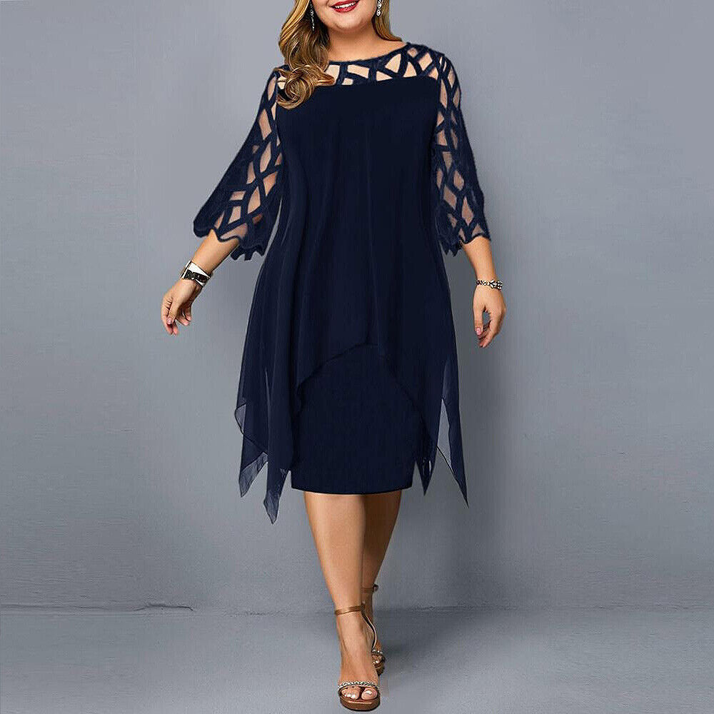 Nola | Plus Size Kanten Midi Avondjurk - 3/4 Mouwen, Uitgehold, Asymmetrische Hem