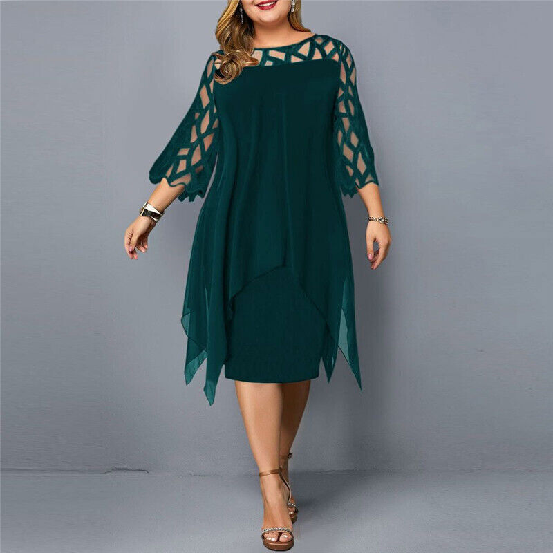 Nola | Plus Size Kanten Midi Avondjurk - 3/4 Mouwen, Uitgehold, Asymmetrische Hem