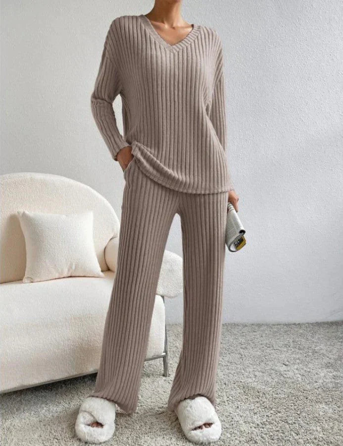 Loraina | Dames V-hals trui & broek loungewear set – Comfortabele gebreide 2-delige outfit