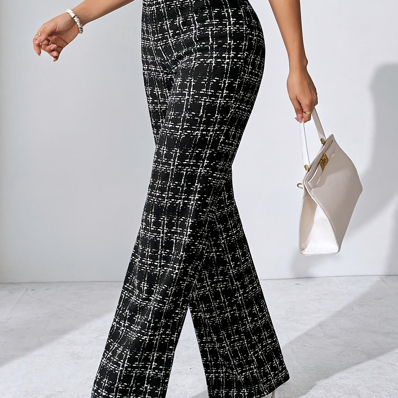 Laverna | Hoge taille geruite tweed flare broek voor dames – Rekbare casual broek met wijde pijpen