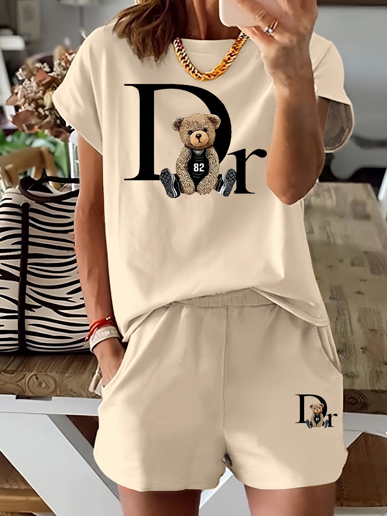 Delora | Dames 2-delige set met grafische print - T-shirt met korte mouwen & koordshort