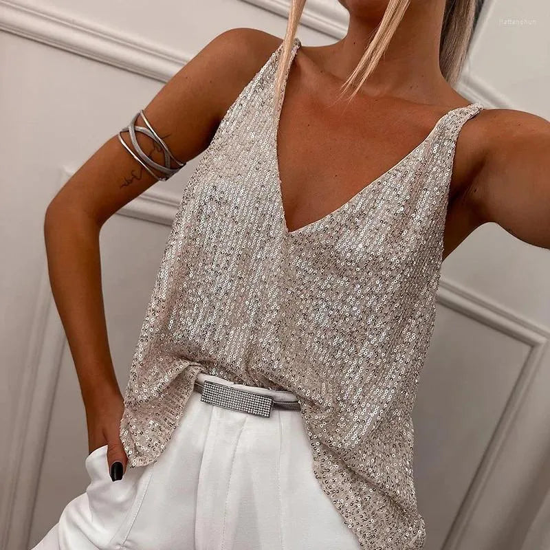 Jyselle | Mouwloze blouse met lovertjes - Diepe V-hals, elegante feesttop, glanzend glitter-Hemdje