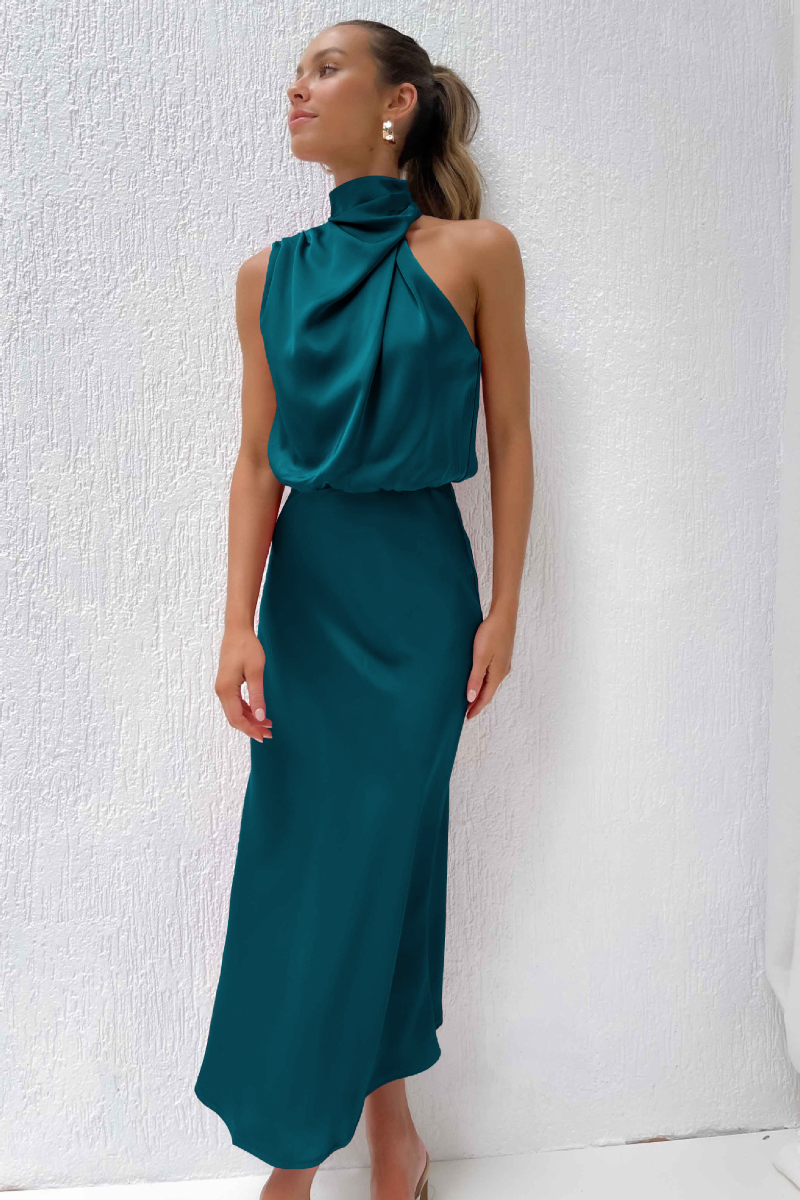 Melva | Elegante Satijnen Midi Jurk met Halter Hals - Perfect voor Lente & Zomer Evenementen