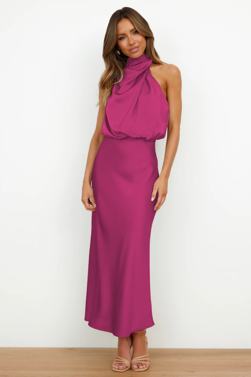 Melva | Elegante Satijnen Midi Jurk met Halter Hals - Perfect voor Lente & Zomer Evenementen
