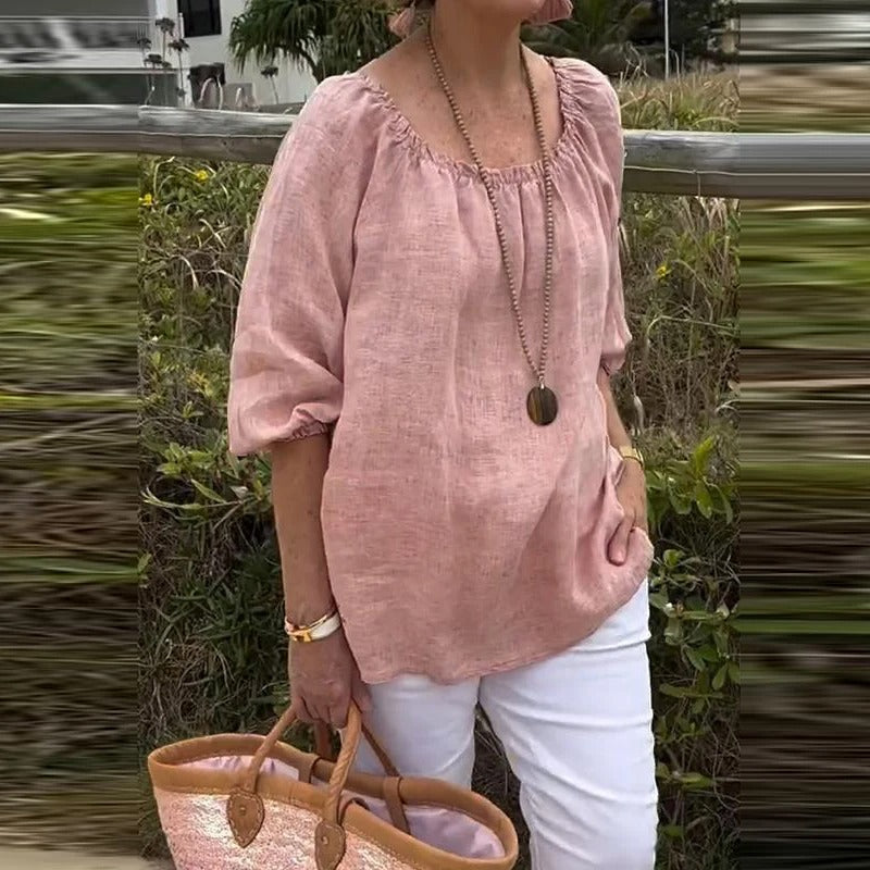 Betina | Dames Blouse van Katoen-Linnen – Casual Zomertop met Halflange Mouwen