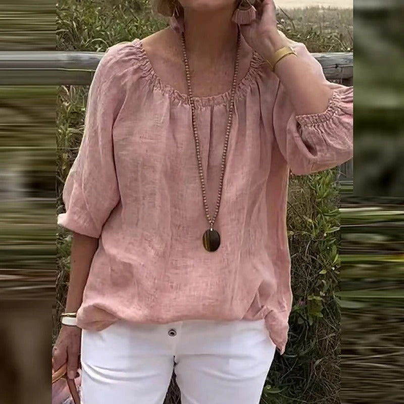 Betina | Dames Blouse van Katoen-Linnen – Casual Zomertop met Halflange Mouwen