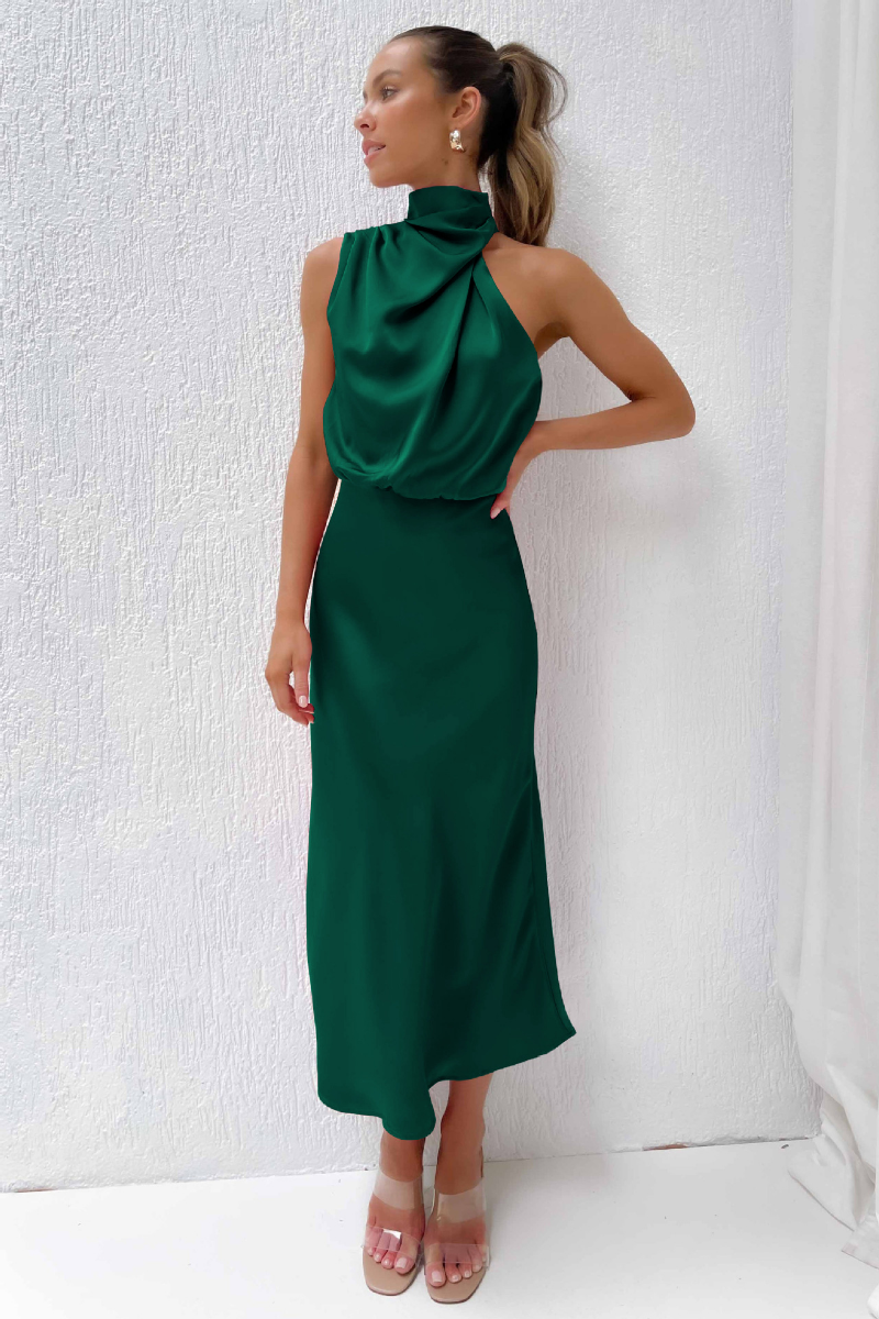 Melva | Elegante Satijnen Midi Jurk met Halter Hals - Perfect voor Lente & Zomer Evenementen