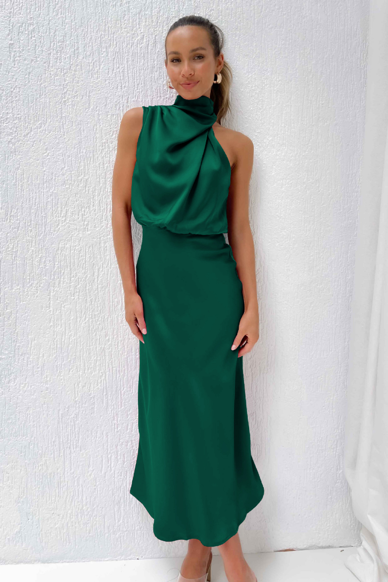 Melva | Elegante Satijnen Midi Jurk met Halter Hals - Perfect voor Lente & Zomer Evenementen
