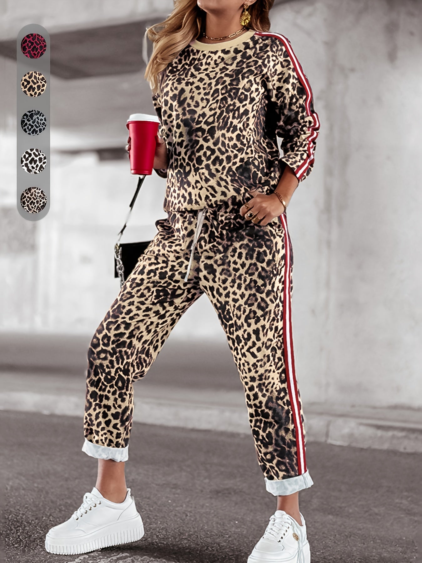 Emryth | Tweedelige vrouwenset met luipaardprint - top met lange mouwen en broek met hoge taille, casual lounge outfit
