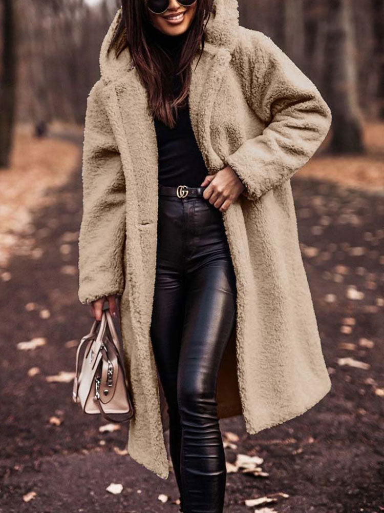 Amivelle | Lange teddyjas voor dames met capuchon – Pluche imitatiebont, warme winterjas, casual en comfortabel