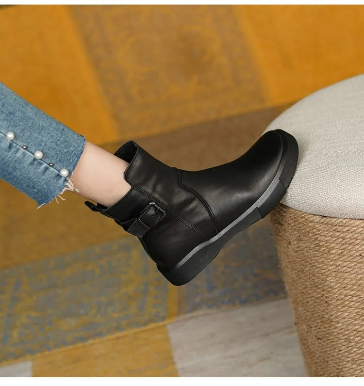 ElegraStep | Leren enkellaarzen voor dames met gesp aan de zijkant, casual winterschoenen