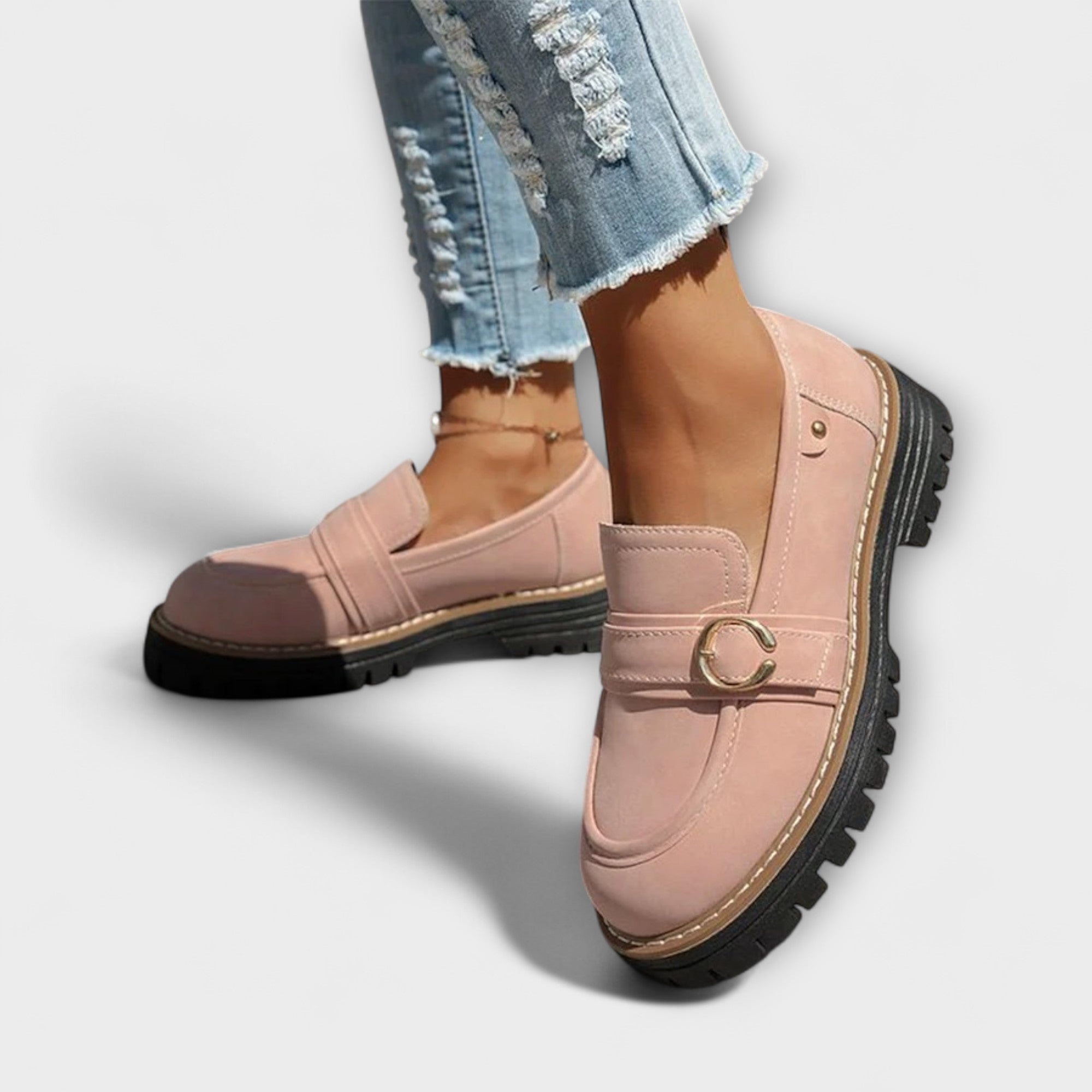 GildStep | Damesplatformloafers – Gouden gesp, comfortabele leren loafers voor werk en vrije tijd