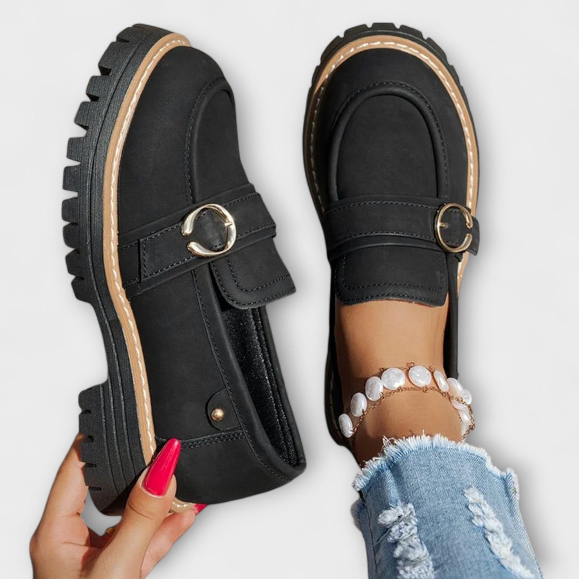 GildStep | Damesplatformloafers – Gouden gesp, comfortabele leren loafers voor werk en vrije tijd
