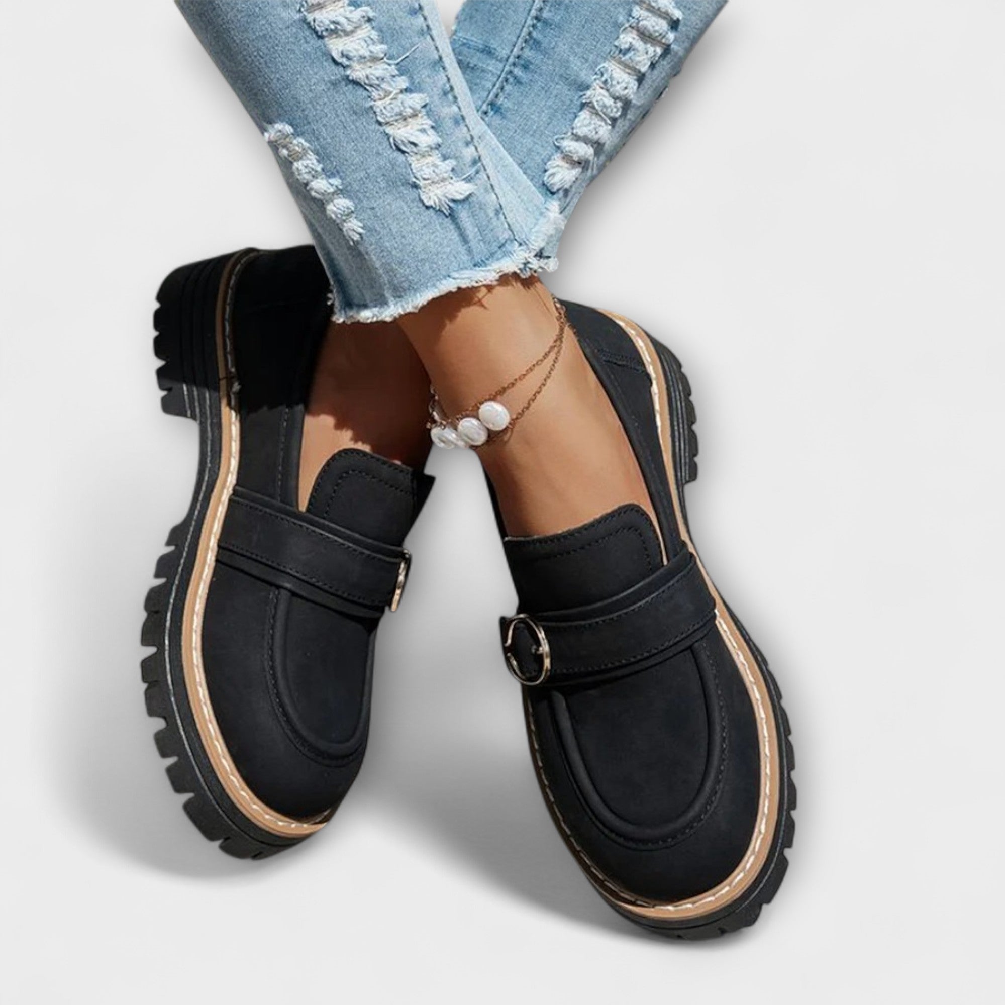 GildStep | Damesplatformloafers – Gouden gesp, comfortabele leren loafers voor werk en vrije tijd