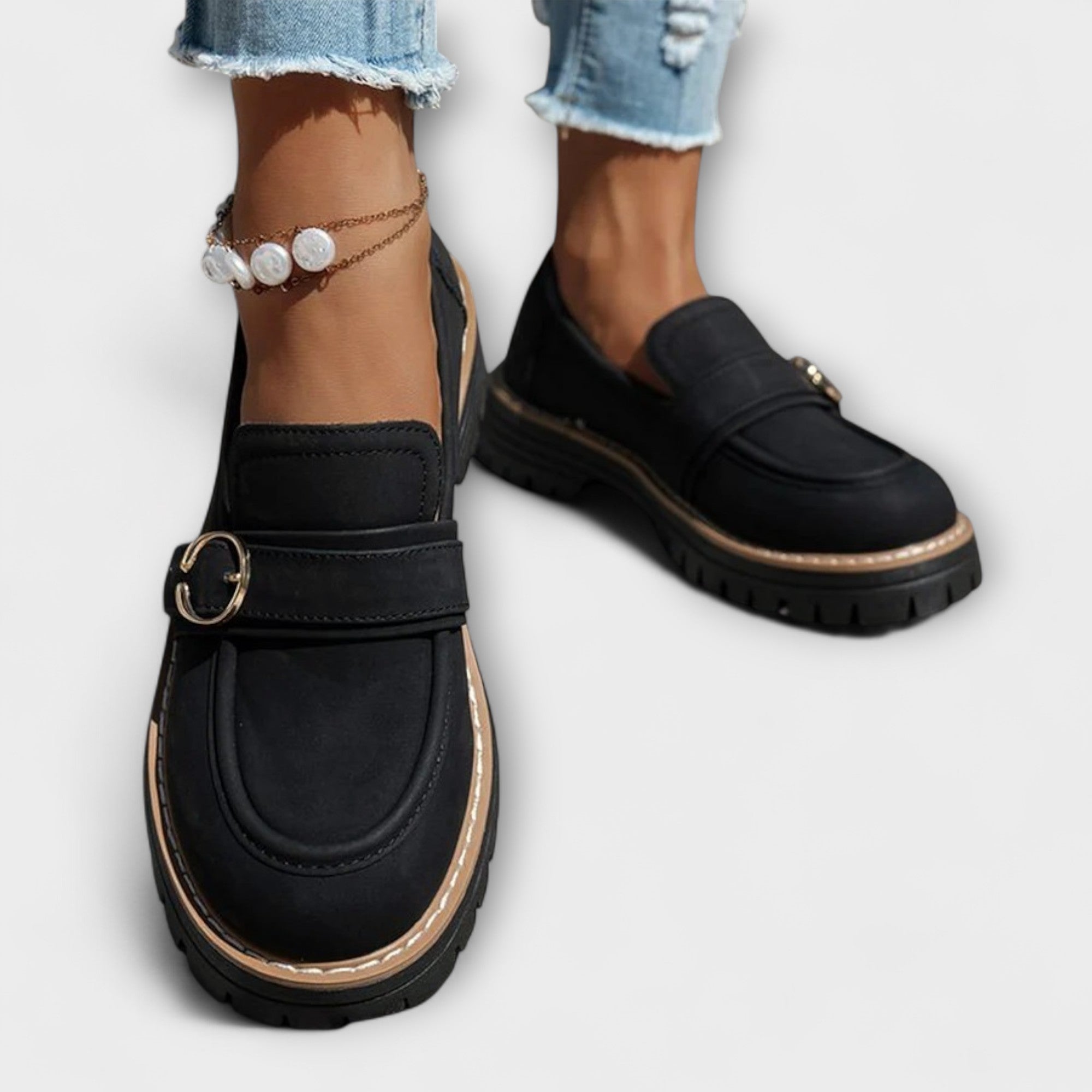 GildStep | Damesplatformloafers – Gouden gesp, comfortabele leren loafers voor werk en vrije tijd