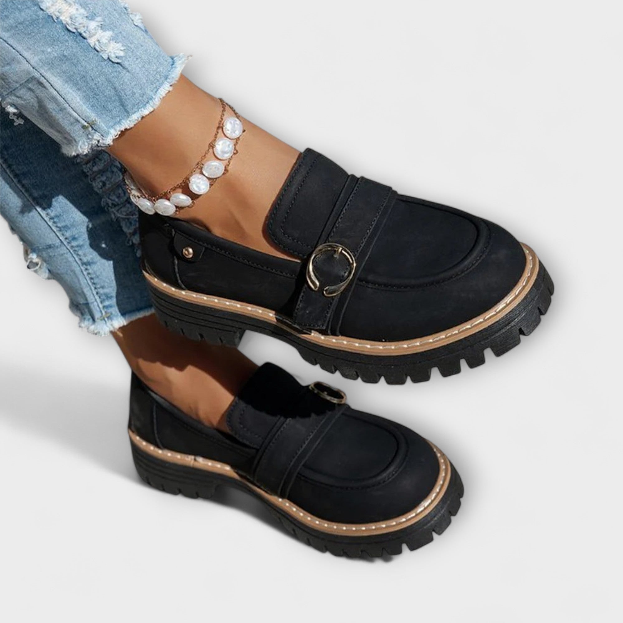 GildStep | Damesplatformloafers – Gouden gesp, comfortabele leren loafers voor werk en vrije tijd