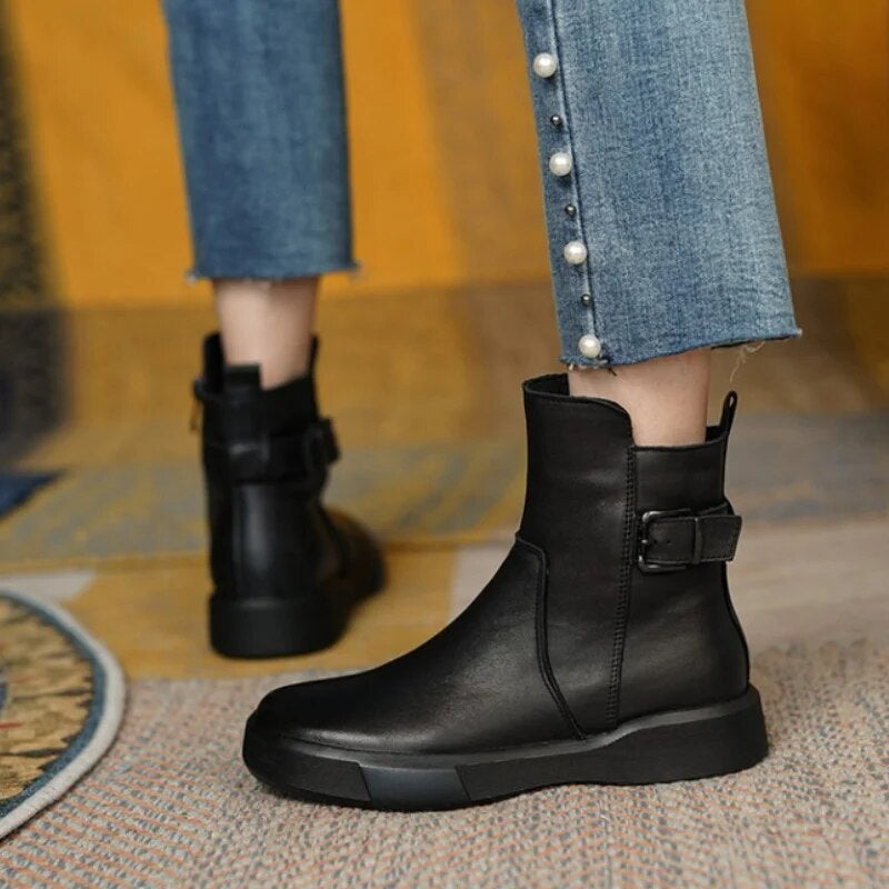 ElegraStep | Leren enkellaarzen voor dames met gesp aan de zijkant, casual winterschoenen