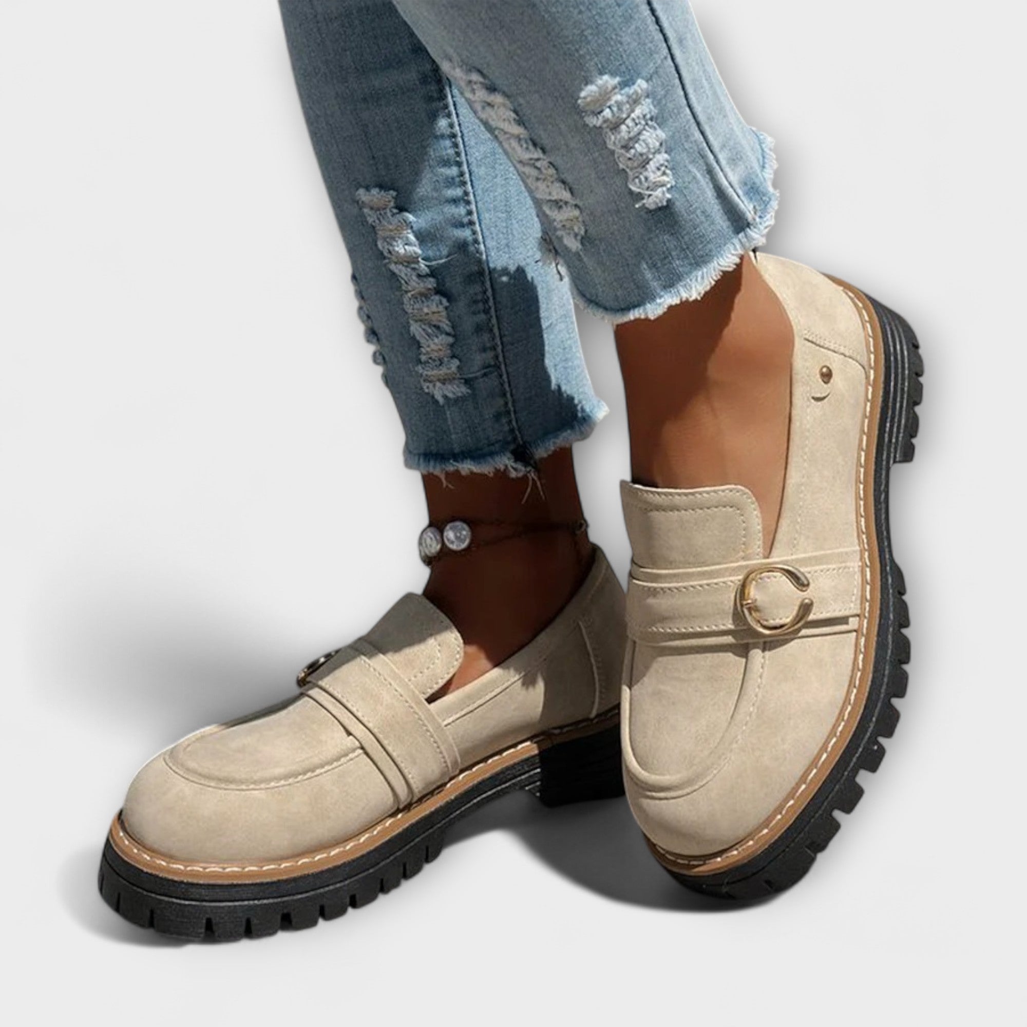 GildStep | Damesplatformloafers – Gouden gesp, comfortabele leren loafers voor werk en vrije tijd