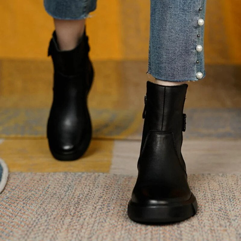 ElegraStep | Leren enkellaarzen voor dames met gesp aan de zijkant, casual winterschoenen