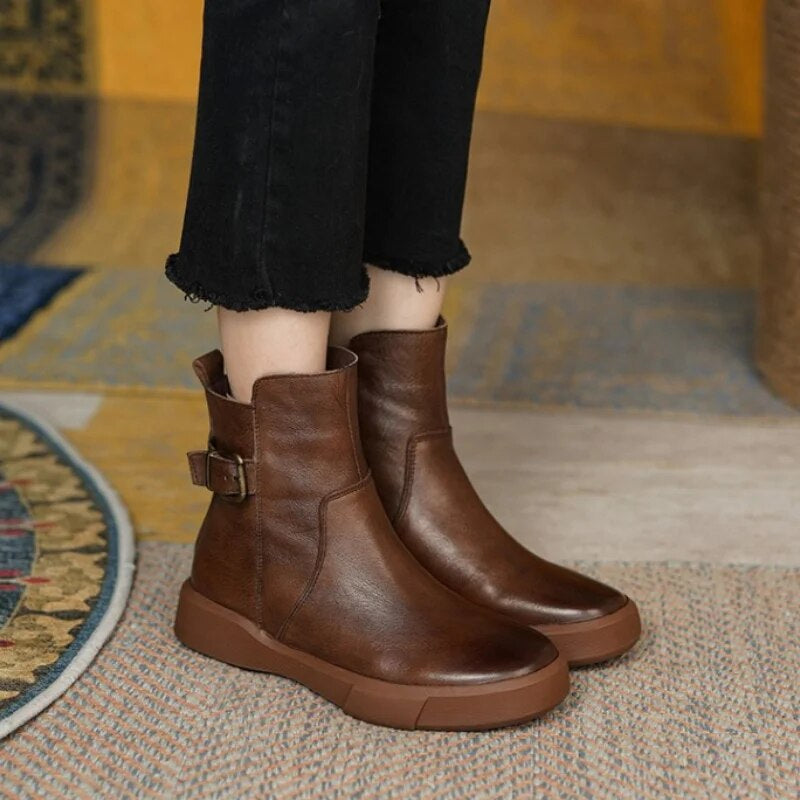 ElegraStep | Leren enkellaarzen voor dames met gesp aan de zijkant, casual winterschoenen