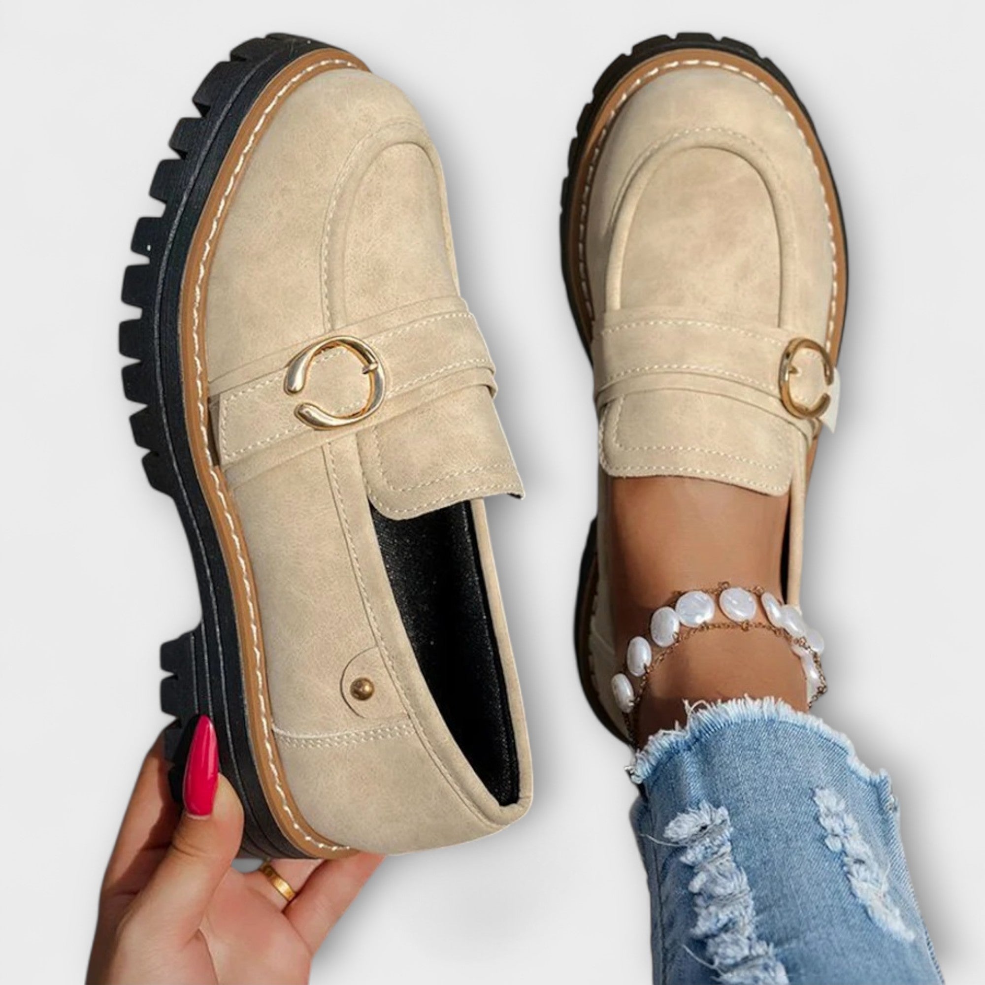 GildStep | Damesplatformloafers – Gouden gesp, comfortabele leren loafers voor werk en vrije tijd