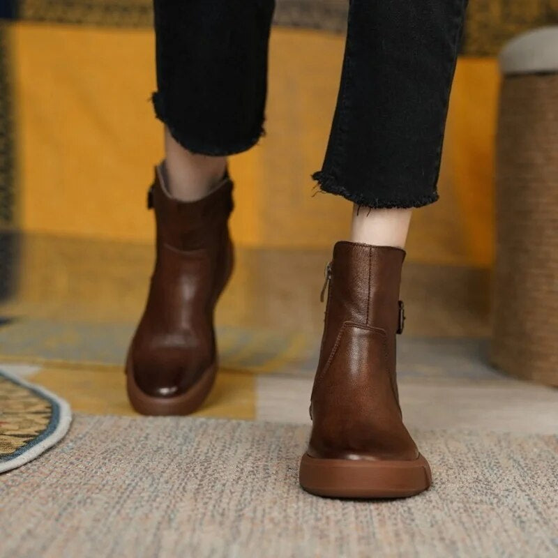 ElegraStep | Leren enkellaarzen voor dames met gesp aan de zijkant, casual winterschoenen