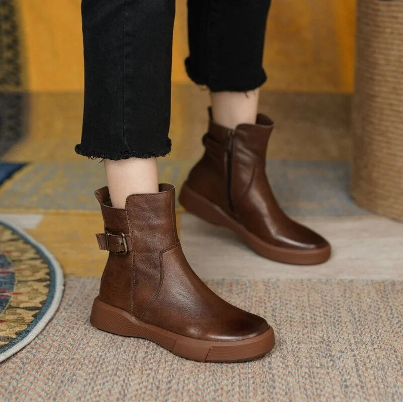 ElegraStep | Leren enkellaarzen voor dames met gesp aan de zijkant, casual winterschoenen