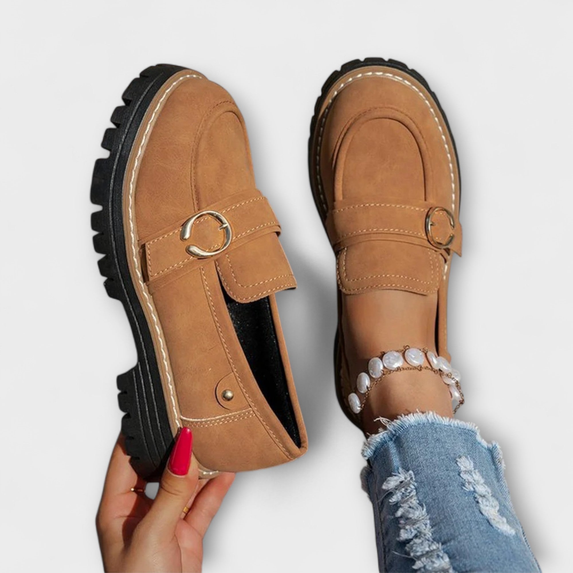 GildStep | Damesplatformloafers – Gouden gesp, comfortabele leren loafers voor werk en vrije tijd