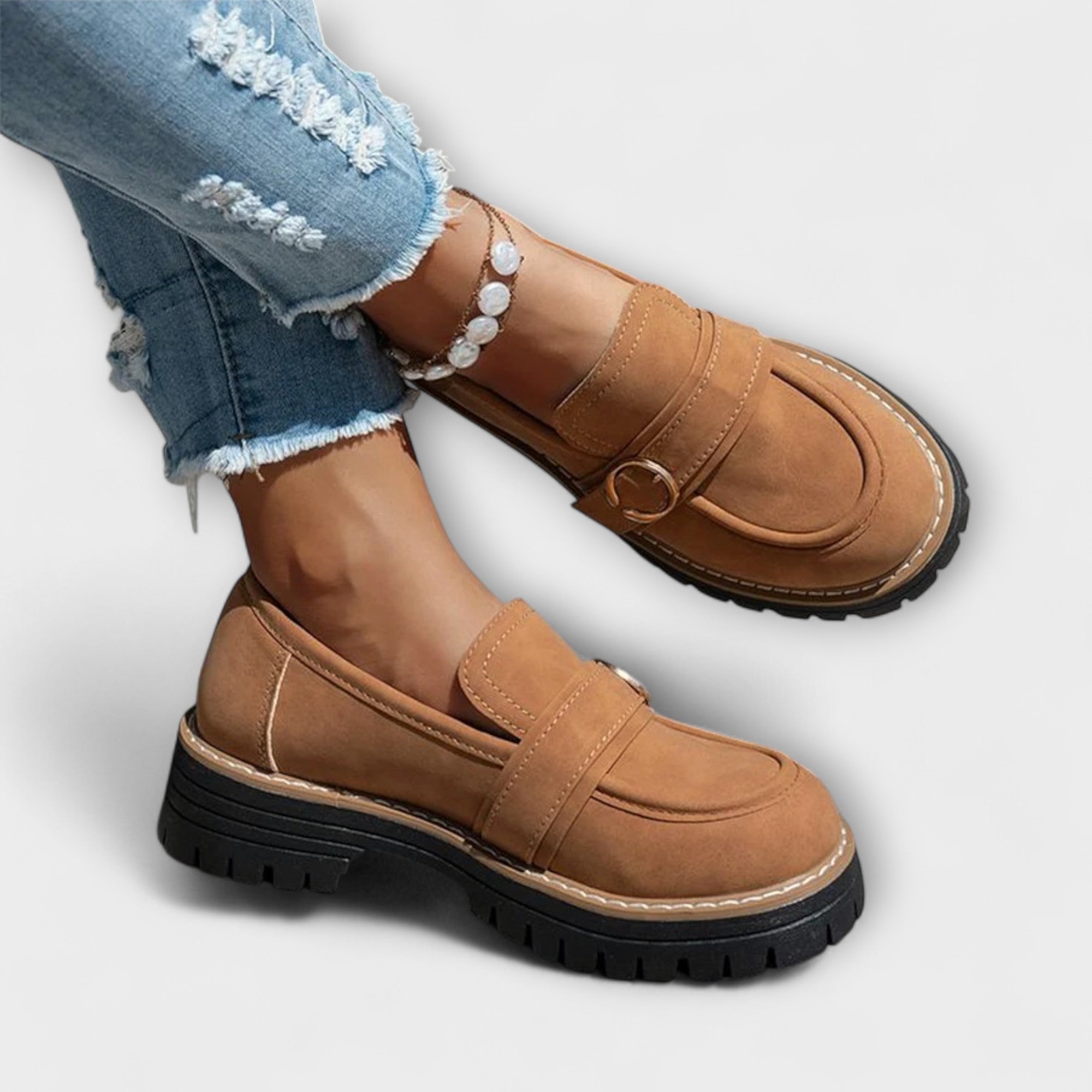 GildStep | Damesplatformloafers – Gouden gesp, comfortabele leren loafers voor werk en vrije tijd